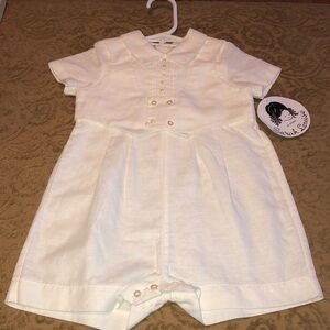 Sarah Louise Linen Blend Cream Baby Romper with Collar for Christening/Baptism
